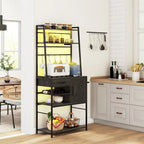 HOMCOM Baker's Rack with Power Outlet and LED Lights, Coffee Bar with Storage Shelves, Industrial Microwave Stand