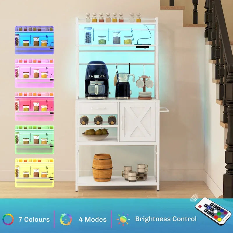 HOMCOM Baker's Rack with Power Outlet and LED Lights, Coffee Bar with Storage Shelves, Industrial Microwave Stand