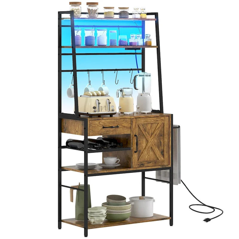 HOMCOM Baker's Rack with Power Outlet and LED Lights, Coffee Bar with Storage Shelves, Industrial Microwave Stand