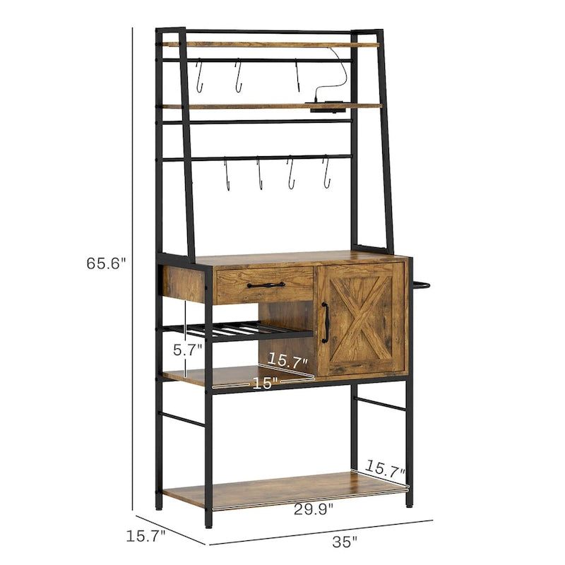 HOMCOM Baker's Rack with Power Outlet and LED Lights, Coffee Bar with Storage Shelves, Industrial Microwave Stand