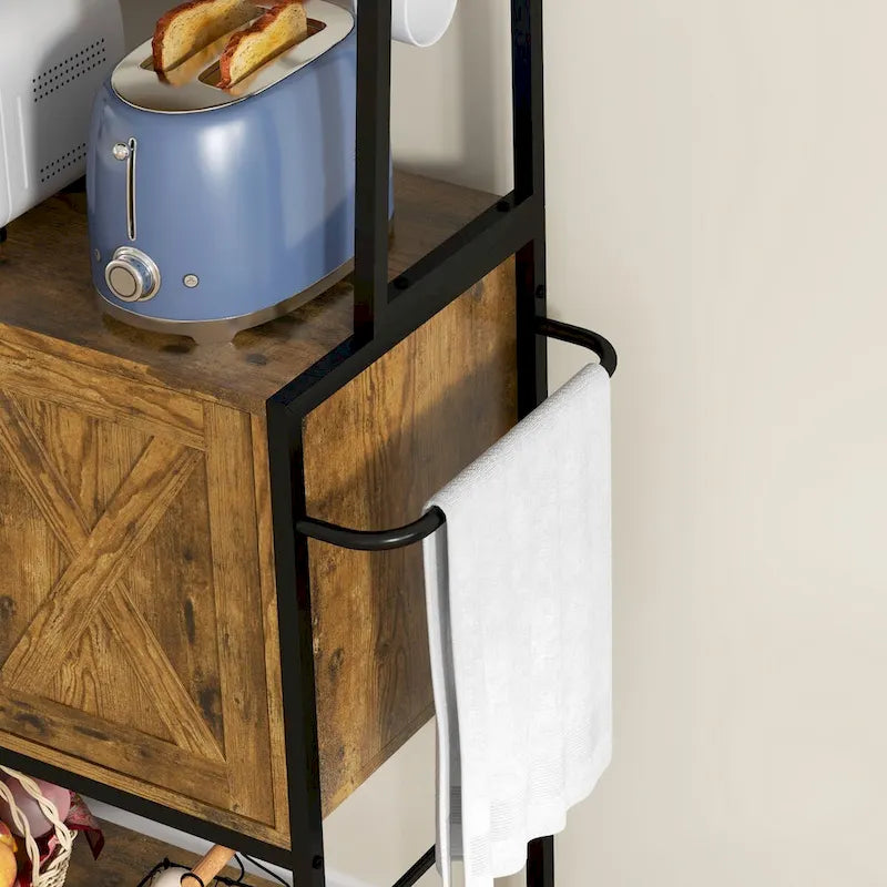 HOMCOM Baker's Rack with Power Outlet and LED Lights, Coffee Bar with Storage Shelves, Industrial Microwave Stand