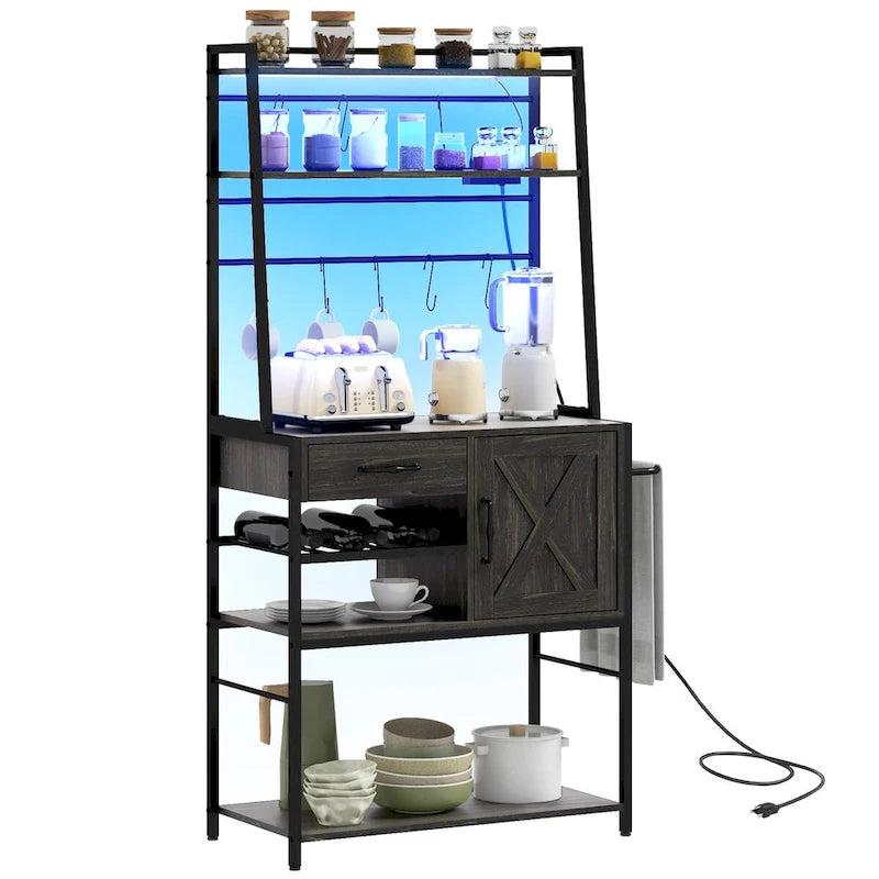 HOMCOM Baker's Rack with Power Outlet and LED Lights, Coffee Bar with Storage Shelves, Industrial Microwave Stand