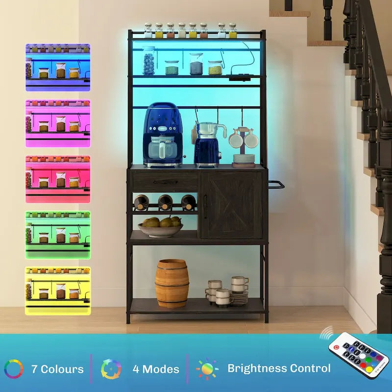 HOMCOM Baker's Rack with Power Outlet and LED Lights, Coffee Bar with Storage Shelves, Industrial Microwave Stand