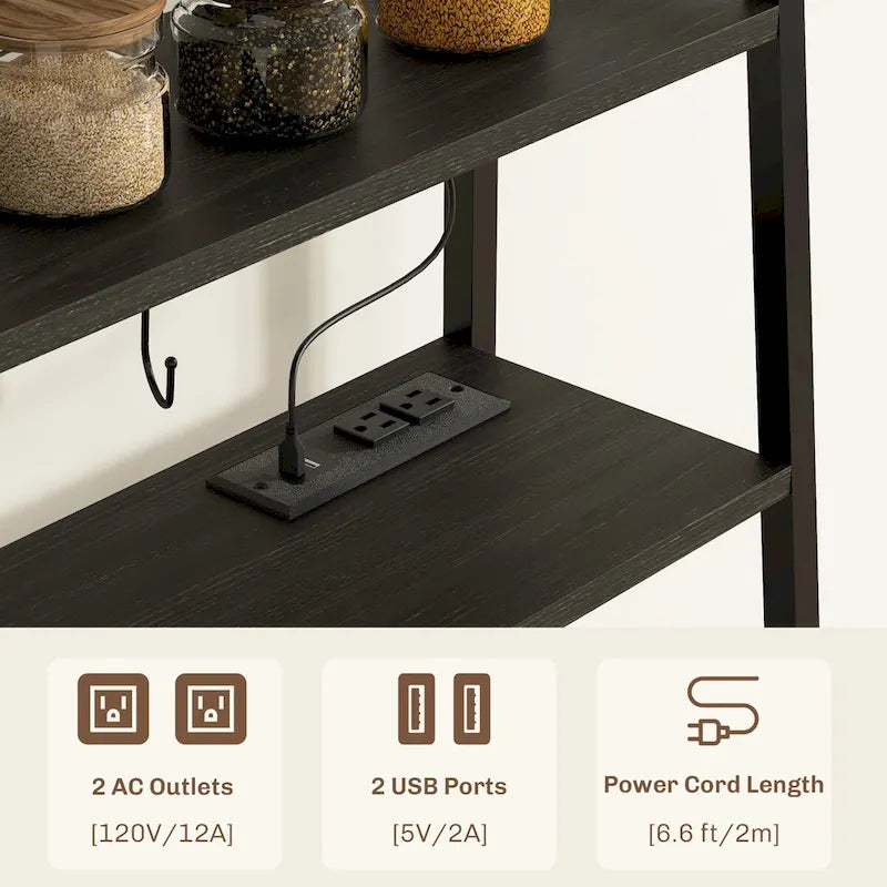 HOMCOM Baker's Rack with Power Outlet and LED Lights, Coffee Bar with Storage Shelves, Industrial Microwave Stand