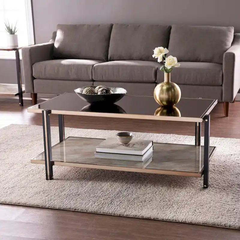 Cocktail Table With Champagne-hued Frame And Smoky Mirrored Tabletop, For Living Room, Bedroom